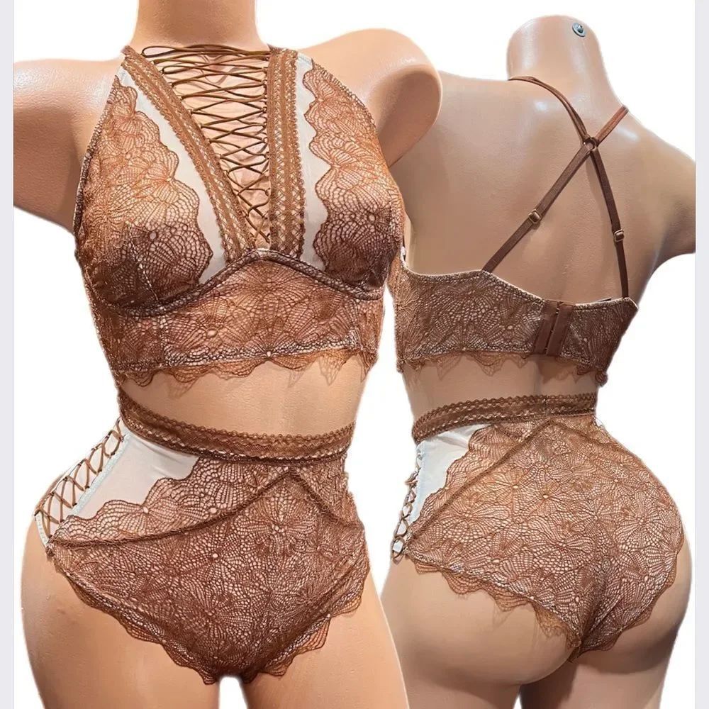 Victorias Secret set Very Sexy High Neck Lace up bralette bra ,High Waist Cheeky
